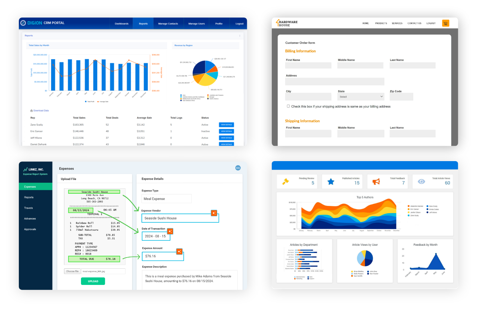 Examples of custom apps built on Caspio, including analytics dashboards, forms, expense tracking and reporting tools