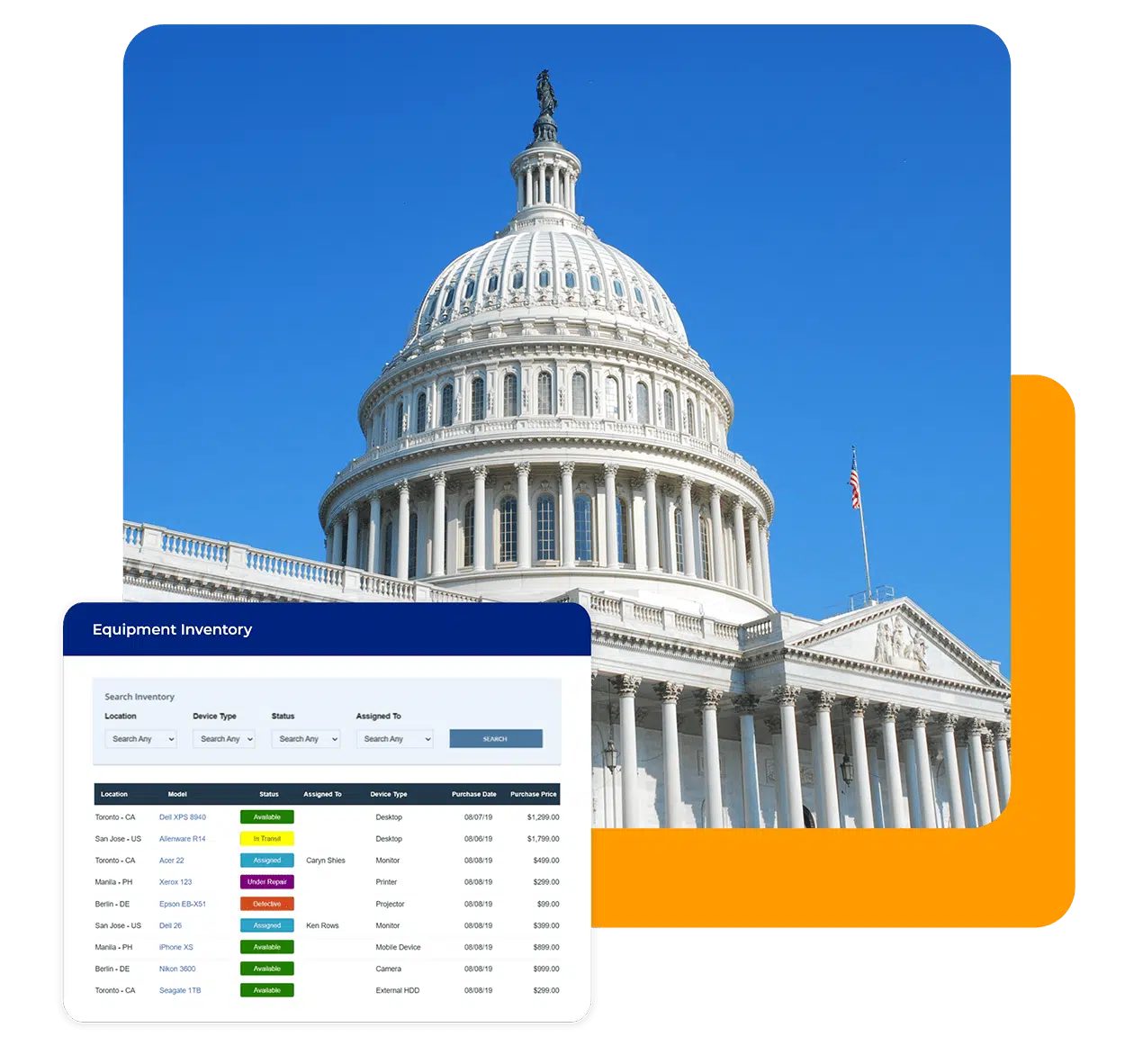 Government building with floating web app interface.