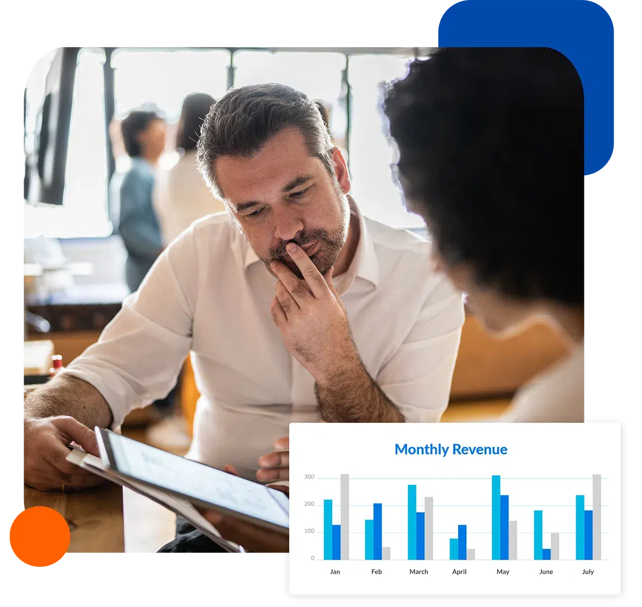 Customer and consultant with floating charts
