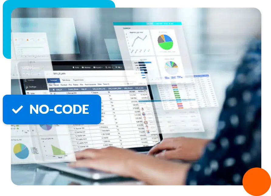 User building a custom application using a no-code platform with dashboards, charts, and real-time data visualizations