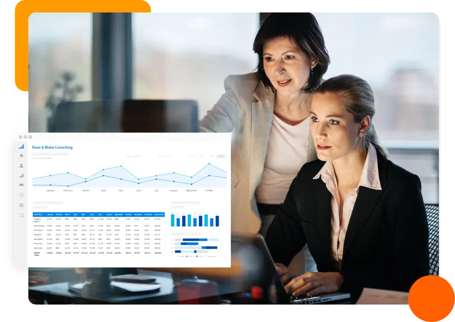 Two finance professionals reviewing real-time analytics on a laptop, with dashboard charts overlay, representing data-driven financial reporting in a single source of truth