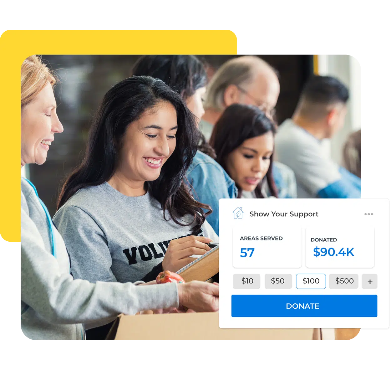 Volunteers and a donation app interface