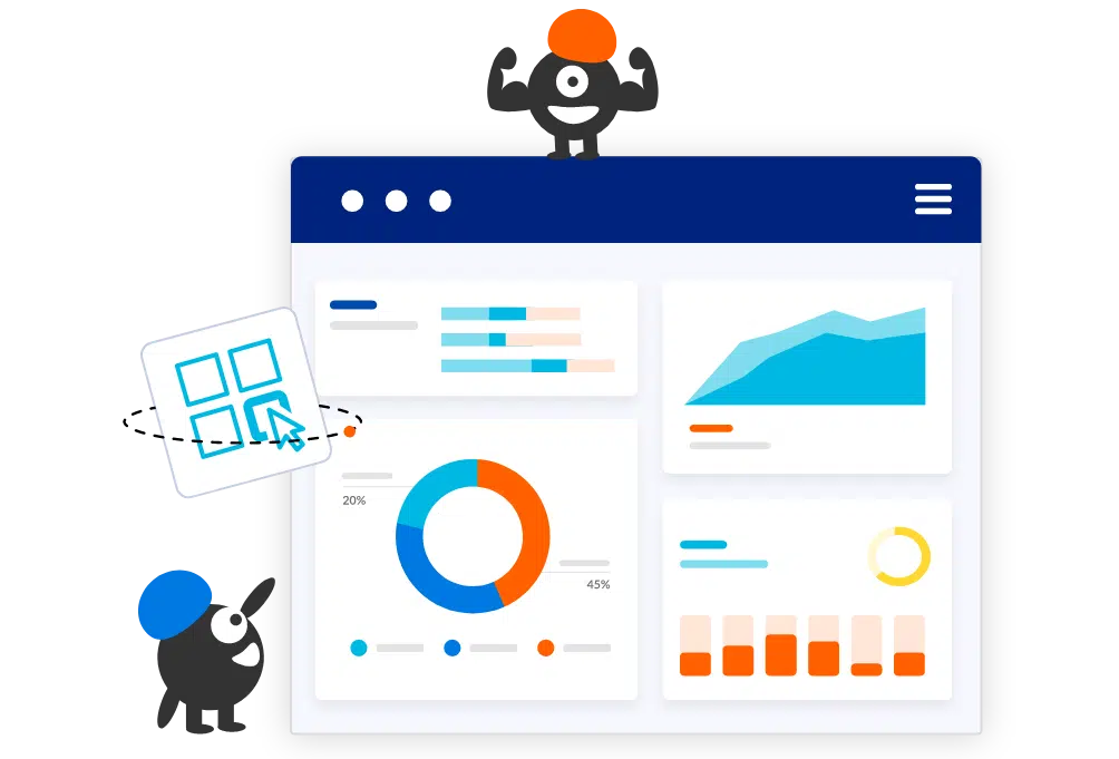 Illustration of a dashboard with charts, graphs, and widgets in a web application interface.