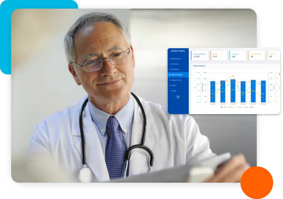 Doctor reviewing a COVID-19 compliance and immunization tracking dashboard, illustrating a no-code healthcare portal with real-time analytics